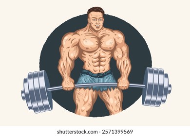 Vector illustration of a bodybuilder with barbell. Vintage cartoon of a bodybuilder or powerlifter. Strong man. Fitness and bodybuilding.