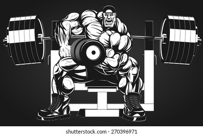 Vector illustration, bodybuilder doing exercise with dumbbells for biceps