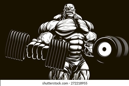 Vector illustration, bodybuilder doing exercise with dumbbells for biceps