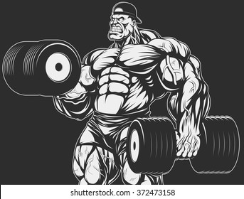 Vector illustration, bodybuilder doing exercise with dumbbells for biceps