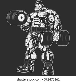 Vector illustration, bodybuilder doing exercise with dumbbells for biceps