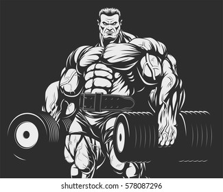 Vector illustration, bodybuilder doing exercise with dumbbells for biceps