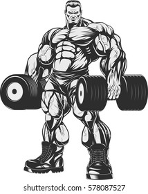 Vector illustration, bodybuilder doing exercise with dumbbells for biceps