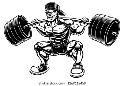 Vector illustration of Bodybuilder doing squats with barbell, isolated on the white background. 