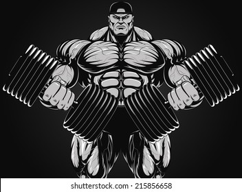 Vector illustration, bodybuilder with dumbbell