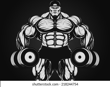 Vector illustration, bodybuilder with dumbbell