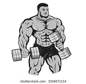 Vector illustration of a bodybuilder with dumbbells. Vintage cartoon of a bodybuilder in comics style.