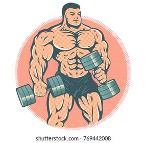 Vector illustration of a bodybuilder with dumbbells. Vintage cartoon of a bodybuilder is on halftone background.