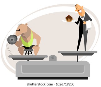 Vector illustration of a bodybuilder and his temptation