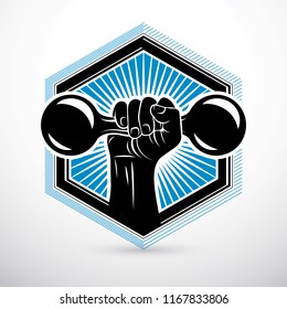 Vector illustration of bodybuilder muscular arm holding dumbbell. Power lifting.