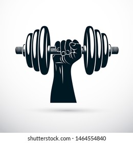 Vector illustration of bodybuilder muscular arm holding dumbbell. Power lifting.