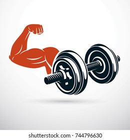 Vector illustration of bodybuilder muscular arm with dumbbell. Power lifting.