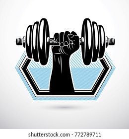 Vector illustration of bodybuilder muscular arm with dumbbell and disc weught. Power lifting.