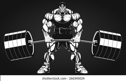 Vector illustration, bodybuilder performs an exercise with a barbell