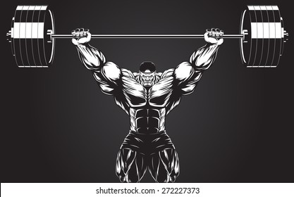 Vector illustration, bodybuilder performs an exercise with a barbell