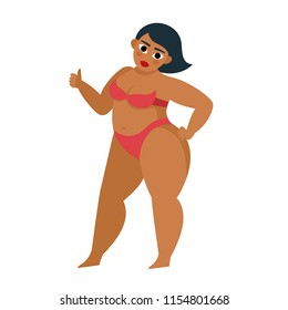 Vector illustration of bodypositive beautiful african woman dressed in swimsuit in cartoon style isolated on white. Body positive movement and beauty diversity.