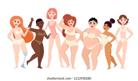 Vector illustration of bodypositive and multiracial women dressed in underwear in cartoon style isolated on white. Body positive movement and beauty diversity.