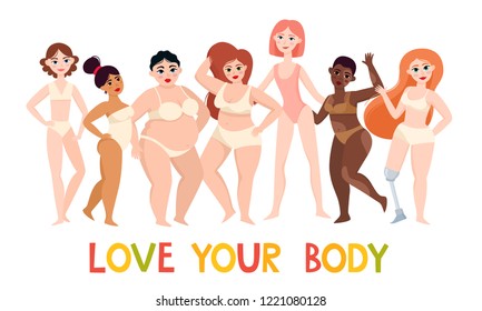 Vector illustration of bodypositive and multiracial women dressed in underwear in cartoon style isolated on white. Body positive movement and beauty diversity.