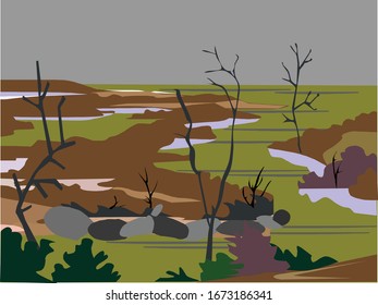 Vector Illustration of Bog, Landscape of Quiksand, Swamp