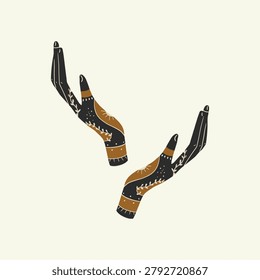 Vector illustration of bohemian sacred magic hands. Flat holistic meditation for healing. Modern abstract black silhouette.