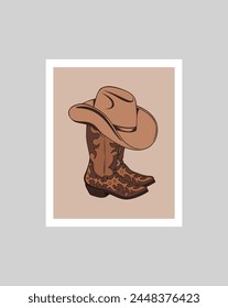 Vector illustration, boho brown color, western room decor for teen girls, boho western wall decor for bedroom, cowgirl art prints, western home decorations, country theme posters.