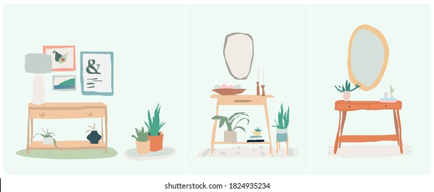 Vector illustration of boho chic interior design house plants decoration