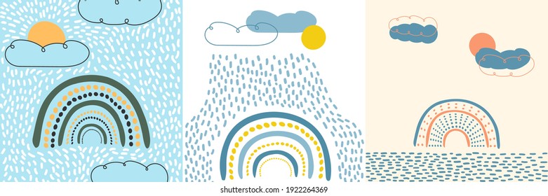 Vector illustration. Boho contemporary art backgrounds collection. Colorful rainbow. Hand drawn design elements for social media template, blog post, square banner. Baby cute graphic. Pale color