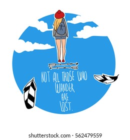 Vector illustration of a boho girl with inspirational quote "Not all those who wander are lost". Boho design. Ethnic, gipsy style. Feathers, tribal arrows.