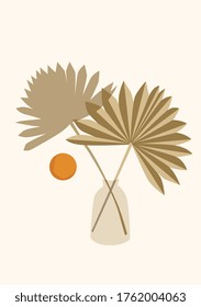 Ilustración vectorial de hojas de boho en el fondo aislado beige. Afiche moderno de moda imprimible.