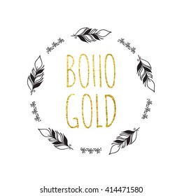 Vector illustration of boho logo. Bohemian logo with feathers. Black and gold color. Isolated on white background. Hand drawn.