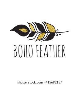 Vector illustration of boho logo. Bohemian logo with feather. Black and gold color. Isolated on white background. Hand drawn.