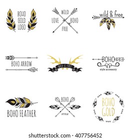 Vector illustration of boho logo collection. Bohemian logo with feathers, antlers and arrows. Black and gold color. Isolated on white background. Hand drawn.