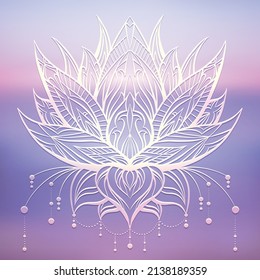 Ilustración vectorial del loto boho con decoración ornamentada sobre el fondo del atardecer del océano tierno lila. Flor de agua con adorno tribal al amanecer. Contacte con lirio en tranquilidad. Símbolo sagrado natural
