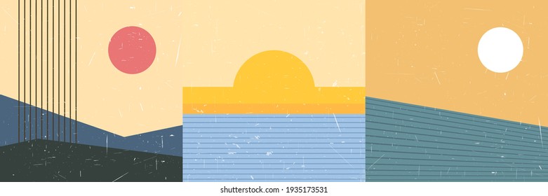 Vector illustration. Boho. Mid century modern graphic. 20s retro funky graphic. Grunge texture. Minimalist landscape set. Abstract shapes. Design elements for social media background, web template