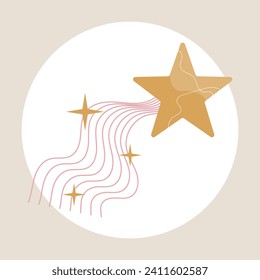 Vector Illustration of a Boho Modern Minimal Falling Star with Comet Tail. Isolated. Shooting star. Graphic Design.  Contemporary Celestial Aesthetic. Trendy flat style. Poster or layout.