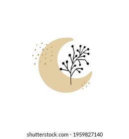 vector illustration, boho poster design, moon and a floral branch, celestial art