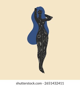Vector illustration, boho sacred magical woman. Flat holistic healing meditation. Modern abstract black silhouette of girl.
