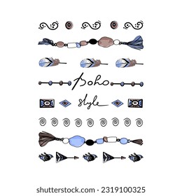 Vector illustration of boho set. Illustration of feathers, signs, ornaments, beads embroidered on a white background. Blank for designers, logo, icon, label
