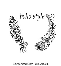 Vector illustration in boho style. Black feathers are on the withe background