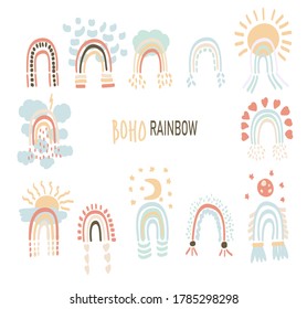 Vector illustration in boho style of different rainbows. Rainbows with a cloud, a rainbow with a sun, a heart. Set of rainbow boho style. Children's illustrations for holidays.