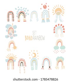 Vector illustration in boho style of different rainbows. Rainbows with a cloud, a rainbow with a sun, a heart. Set of rainbow boho style. Children's illustrations for holidays.