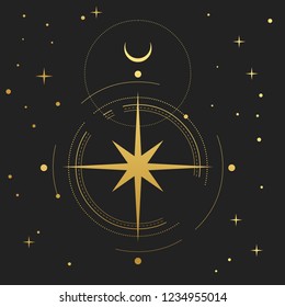 Vector Illustration In Boho Style. Golden Stars On Black Background