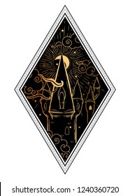 Vector illustration in boho style with old medieval town. Dark gothic bohemian style.