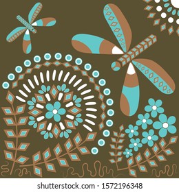 Vector illustration in boho style. Ornament. Image of nature, flowers and dragonflies. Set of decorative elements.