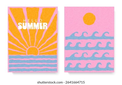 Vector illustration in boho style sun and sea. Fashionable retro naive simple style for your design in pastel colors set of postcards.