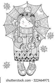 Vector illustration boho zentangle doodle girl under umbrella.