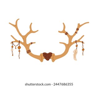 Vector illustration of a boho-style amulet depicting deer antlers decorated with feathers, beads and rope on a white background. Perfect for modern mysterious magical design