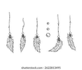 Ilustração vetorial de penas e contas de estilo boho de um dreamcatcher, desenhado à mão em técnica de esboço de tinta monocromática. Perfeito para projetos esotéricos, tatuagens, logotipos, impressões e projetos de criação.