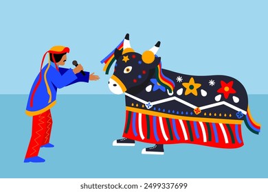 
Vector illustration of "Boi Bumbá," a famous Brazilian folklore figure: colorful bull, singer in traditional costume. 