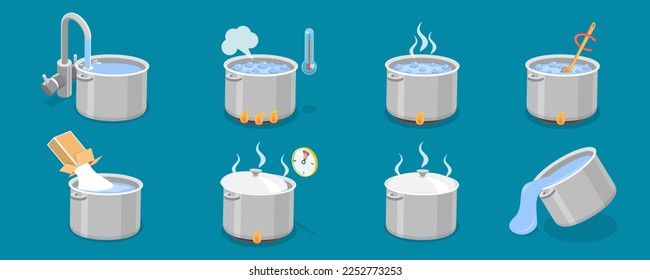 Vector Illustration of Boiling In Cooking Pot Set, Boiled Steamed Water